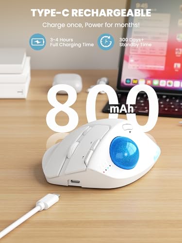 Wireless Trackball Mouse, Adjustable Angle Rechargeable Backlit-White Mouse | MAM1 Pro Ergonomic Mouse Rollerball Thumb mice with 5 Level DPI, 3 Devices Connection (USB & Bluetooth ) for PC, Windows - color: White Mouse