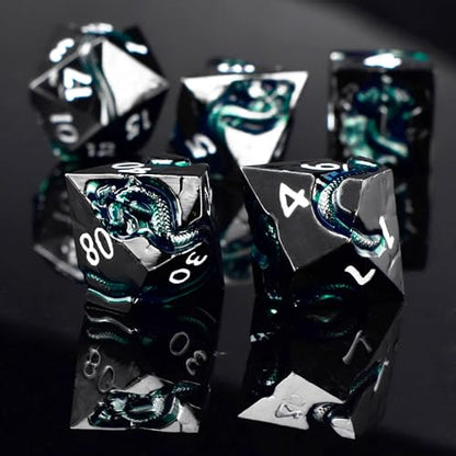 RULE DICE Metal DND Dice Set with Serpent's Cunning Design– 7 Polyhedral Solid D&D Dice – Balanced Metal Dice for Dungeons and Dragons, RPG, Role Playing Games - color: Ld-black White