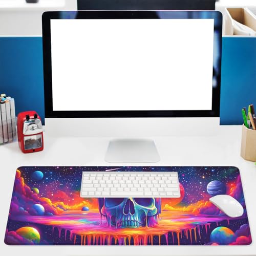 Skull Gaming Mouse Pad Colorful Neon Space Planet Star Rainbow Extended Mousepad Waterproof Stitched Edges Rubber Base Non-Slip Deskmap Computer Keyboard Mat 31.5"x11.8" - color: Skull, size: 31.5L x 31.5W inches
