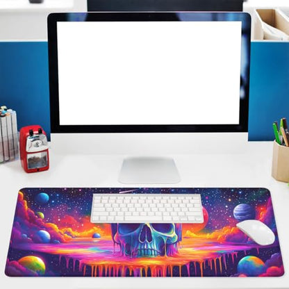 Skull Gaming Mouse Pad Colorful Neon Space Planet Star Rainbow Extended Mousepad Waterproof Stitched Edges Rubber Base Non-Slip Deskmap Computer Keyboard Mat 31.5"x11.8" - color: Skull, size: 31.5L x 31.5W inches
