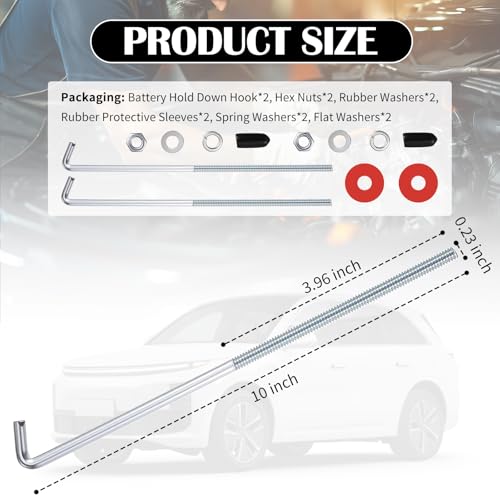 10 Inch Car Battery Hold Down Bolt Kit Stainless Steels,J Bolts Battery Hold Down Kit Includes Hooks,Nuts,Washers,Covers,Universal Cars Batteries Holder Car Accessories