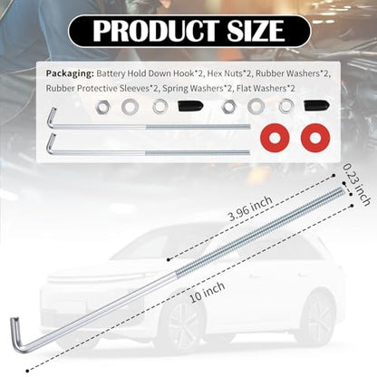10 Inch Car Battery Hold Down Bolt Kit Stainless Steels,J Bolts Battery Hold Down Kit Includes Hooks,Nuts,Washers,Covers,Universal Cars Batteries Holder Car Accessories
