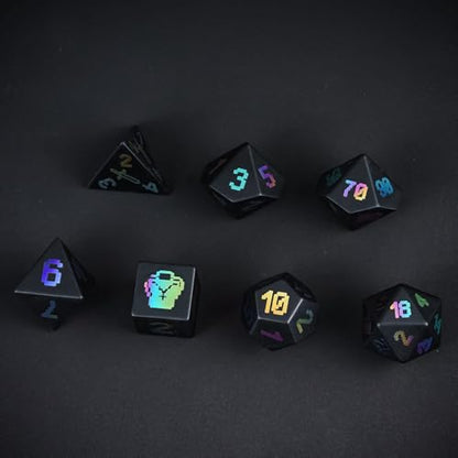 UDIXI Obsidian Gemstone Dice Set D&D Stone DND Dice Set for Tabletop Games | Natural Stone, Premium Gift Box, DM Gift, for Dungeons and Dragons Role Playing Games - color: Obsidian (Pixel Art)
