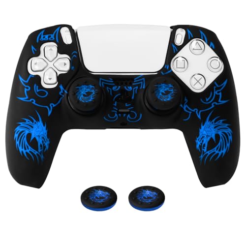 PS5 Controller Silicone Cover with Laser-Engraved Dragon Design - Non-Slip Grip Skin + 2 Dragon Thumbstick Caps | Stylish Protective Case for PlayStation 5 Controller - color: Lightning Dragon Blue