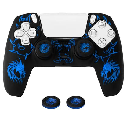 PS5 Controller Silicone Cover with Laser-Engraved Dragon Design - Non-Slip Grip Skin + 2 Dragon Thumbstick Caps | Stylish Protective Case for PlayStation 5 Controller - color: Lightning Dragon Blue