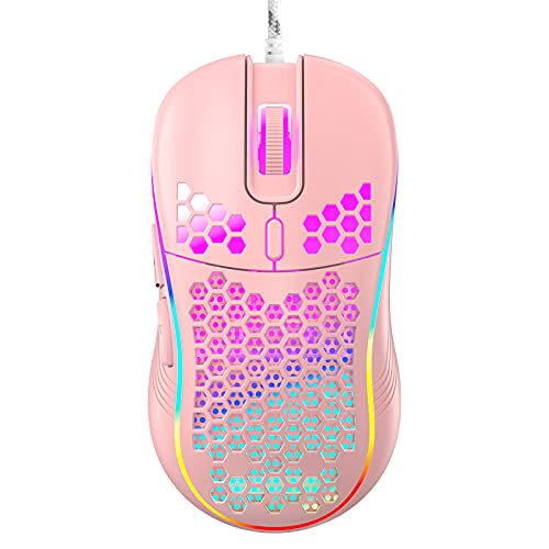 Techsea Honeycomb Wired Gaming Mouse with RGB On/Off Switch, 7200 Adjustable DPI, Ergonomic Lightweight Design & High Precision Sensor for PC/Mac Gamers (Pink) - color: Pink
