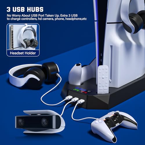 PS5 Slim Cooling Station with Controller Charging Station for PlayStation 5 Console Slim&Standard Disc/Digital, PS5 Cooling Stand Accessories with Cooler Fan/3 USB Hubs/Media&Headset Holder - Black - color: For PS5 Slim+PS5 Black