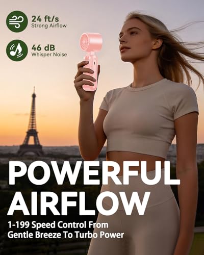 Portable Handheld Fan with Ice Cooling, 7.5m/s High Speed Turbo Fan, 150° Foldable 4-in-1 Personal Neck Fan, 199 Speed Stepless Control, USB-C Rechargeable for Travel, Makeup, Hiking,Pink - color: Roller Pink