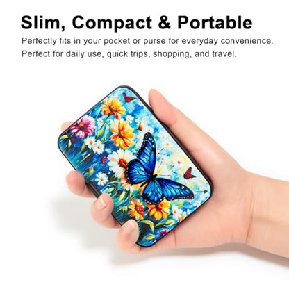 Credit Card Holder Small RFID Blocking Wallet Business Metal Slim Mini Aluminum Hard Case for Women Men - color: Blue Butterfly Daisies