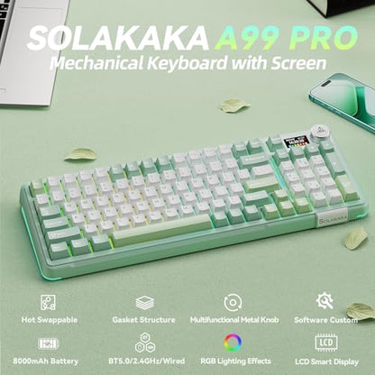 SOLAKAKA A99 Pro Wireless Mechanical Keyboard with BT5.0/2.4GHz/USB-C, LCD Screen & Metal Knob, Gasket-Mounted Gaming Keyboard, Full Hot-Swappable, RGB Creamy Keyboard for Win/Mac - color: MintGreen