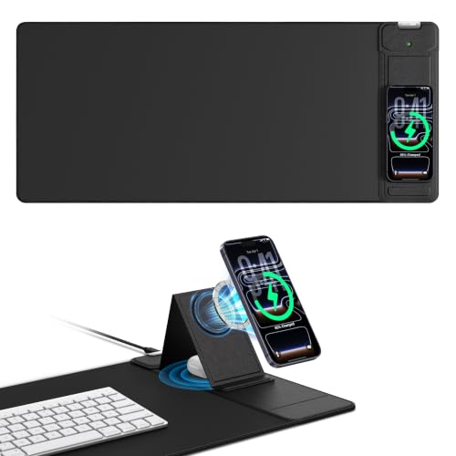 Mouse Pad with Magnetic Wireless Charging & Adjustable Phone Stand | 27.5"x11.8" Computer Keyboard Pad Mat with Anti-Slip Base & Stitched Edge, Easy Gliding, Spill-Resistant Surface, Black - color: Black-Magnetic Stand-27.5"x11.8"-Right