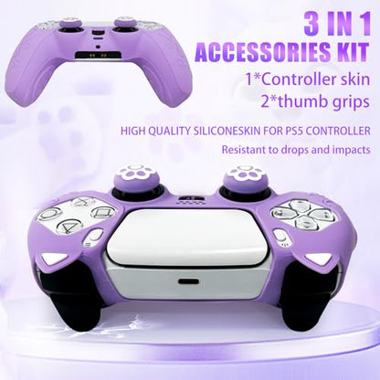 Purple Cat Ear PS5 Controller Cover - Cute Silicone Skin with Cat & Paw Prints + 2 Matching Lavender Cat Paw Thumbstick Caps | Kawaii Grip for PlayStation 5 - color: Lavender Purple