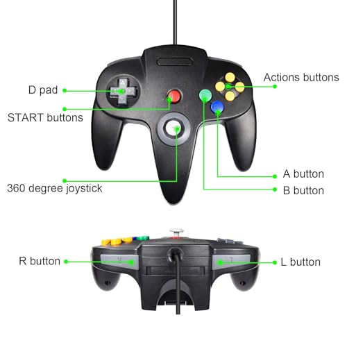KIWITATA Classic N64 USB Controller, Retro N64 Remote Wired Joystick PC Emulator Game Controller for Windows XP 7 8 11 & Raspberry Pi 3 - color: black