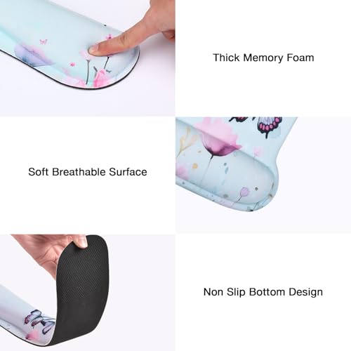 MEGREZ 4-in-1 Mouse Pad with Wrist Rest Ergonomic Memory Foam Desk Mat Set | ergonomic, anti-slip base, 4pcs set, desk pad, mouse wrist rest, keyboard rest, coaster, ideal for office & gaming - color: Green Butterfly Pink Flower