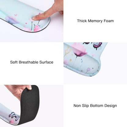 MEGREZ 4-in-1 Mouse Pad with Wrist Rest Ergonomic Memory Foam Desk Mat Set | ergonomic, anti-slip base, 4pcs set, desk pad, mouse wrist rest, keyboard rest, coaster, ideal for office & gaming - color: Green Butterfly Pink Flower