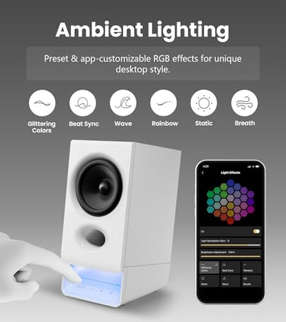 Edifier R20BT Computer Speakers, Touch Controls, AUX & USB-C Inputs, White | 2.75" Full-Range Drivers, Bluetooth 6.0, Headphone Jack, Custom Ambient Light & Sound Profiles via APP - color: White