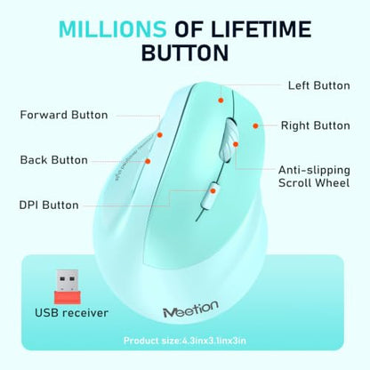 MEETION Ergonomic Wireless Vertical Mouse, Rechargeable, Green | Bluetooth 5.2 + 3.0 and USB connectivity, RGB backlight, 4 DPI adjustment, compatible with Windows, Mac, Android, PC and iPad - color: Right Green