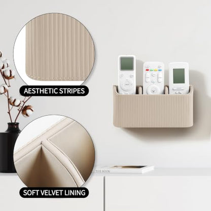Remote Control Holder Wall Mount TV Remote Holder Caddy Organizer | PU Leather, Self Adhesive, 3 Compartments, Soft Velvet Lining, Aesthetic Stripes - color: Beige