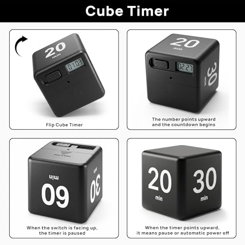 JOYIT Black Cube Timer 15 20 30 60 Minutes - Flip Countdown Visual Timer for Time Management, Kitchen, Workout, Study, Classroom, Office, Games - color: Black 15-20-30-60