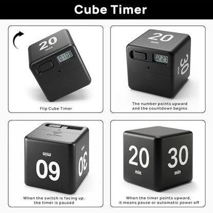 JOYIT Black Cube Timer 15 20 30 60 Minutes - Flip Countdown Visual Timer for Time Management, Kitchen, Workout, Study, Classroom, Office, Games - color: Black 15-20-30-60