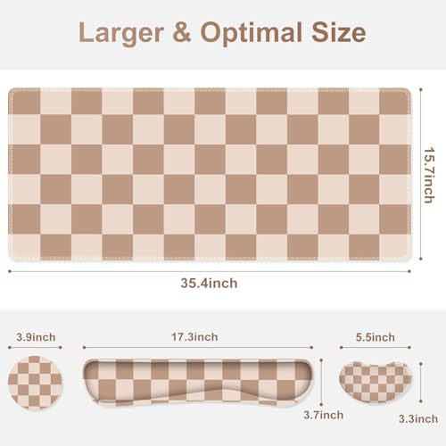 Beige Khaki Checkered Mouse Pad Set, 4 in1 Large Gaming Ergonomics Keyboard Desk Mat with Memory Foam Wrist Rest, Extended Game Mousepad, Non-Slip Desk Pad Matt Easy Typing Pain Relief - color: Beige Khaki Checkered