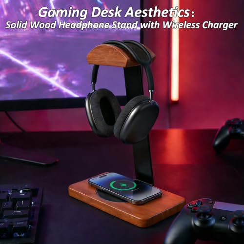 Solid Wooden Headphone Holder with Qi Wireless Charging Pad, Gift Choice | Heavy Duty Wood Universal Headset Stand Compatible with Airpods Max,Bose,Razer,AKG,Equipment Accessories for Walnut Desk - color: Black