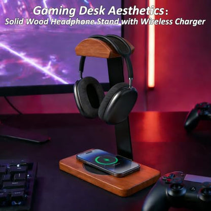 Solid Wooden Headphone Holder with Qi Wireless Charging Pad, Gift Choice | Heavy Duty Wood Universal Headset Stand Compatible with Airpods Max,Bose,Razer,AKG,Equipment Accessories for Walnut Desk - color: Black