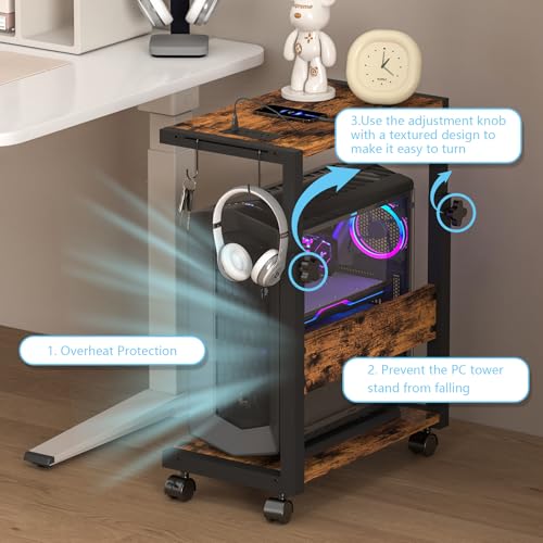 Computer Tower Stand with LED Light Strip,Mobile Rolling | CPU Holder,Height Adjustable PC Tower Stand with Charging Station for Office Home (Rustic Brown) - color: Rustic Brown, size: 19.29'' × 11.42'