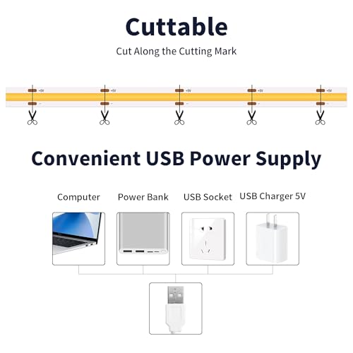 6.56FT COB LED Strip Lights Warm White 3000K USB LED Tape Lights | 640LEDs 5V USB LED Lights, High CRI 93+ Flexible Dimmable LED Light Strip for TV Backlight, Cabinet, Mirror, Bedroom Decor