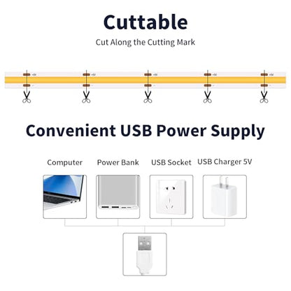 6.56FT COB LED Strip Lights Warm White 3000K USB LED Tape Lights | 640LEDs 5V USB LED Lights, High CRI 93+ Flexible Dimmable LED Light Strip for TV Backlight, Cabinet, Mirror, Bedroom Decor