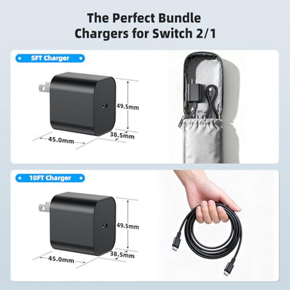 (2 Pack) Switch 2 Charger with 5FT/10FT USB-C Cables, 60W PD3.0 Fast Charger for Nintendo Switch 2/1/OLED/Lite/Steam Deck, 4K TV Dock Ready AC Adapter, Works with USB-C Devices – Compact & Durable - size: 5FT &10FT