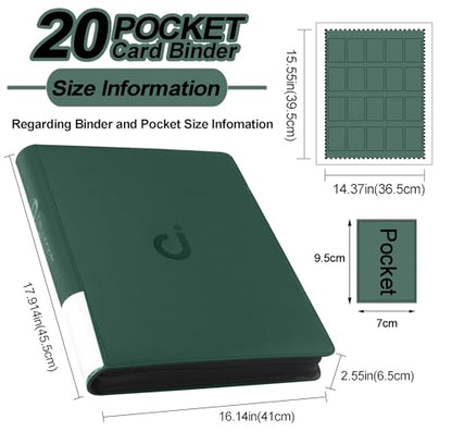 Premium 2000 Pocket Card Binder - 20 Pocket Trading Card Binder with Sleeves Fits 2000 Cards, Ringless Card Album for TCG - Model A，Blackish Green - color: 20P - Blackish Green