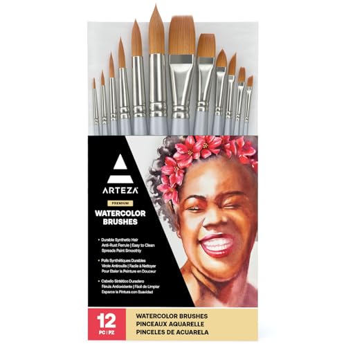 ARTEZA Watercolor Brush Set of 12, Synthetic Hair, Round & Flat Brushes for Watercolor, Acrylic, Gouache, Art Supplies for Adults, Beginners & Artists - style: Watercolor Set