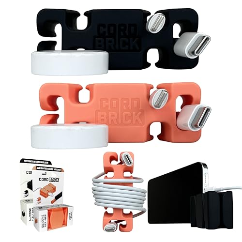 2PK Silicone + Steel Weighted Cord Holders for Nighstand, Cable Wraps for Travel, iPhone Accessories, Small Graduation Gifts for College Students, Guys, Men. Black/Coral - color: (H) Coral, size: Black and
