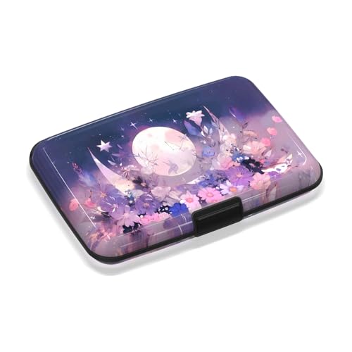 Mini Credit Card Holder for Women Men, RFID Blocking Slim Metal Card Case ID Case Business Travel Hard Wallet, Purple Flowers Moon - color: Purple Flowers Moon