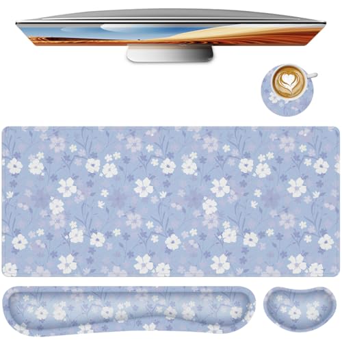 Large Mouse pad,4 in 1 Extended Keyboard Desk Mat with Wrist Rest,Non-Slip Desk Pad Protector Easy Typing Pain Relief for Home Office (Light Purple Flower) - color: Light Purple Flower