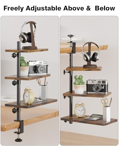 3 Tiers Clamp On Desk Shelf, 360° Angle Adjustable Desktop Shelf Organizer for Home Office Gaming Room, No Drill Desk Extender Adapt to 0.4-2.16 inches Table Thick, Black Brown - color: 3-tier Black Brown