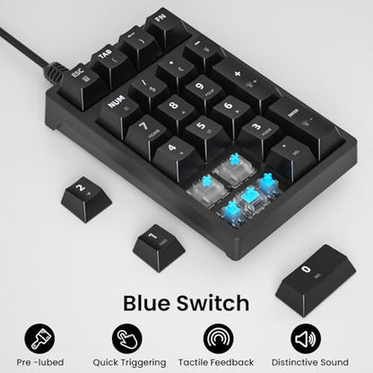 Gurjot Number Pad, Mechanical USB Wired Numeric Keypad with Color Backlit 21 Key Numpad for Laptop Desktop Computer PC Black (Blue Switches) - color: Black Number Pad