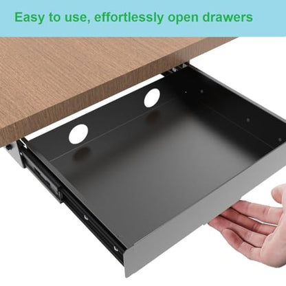 Under Desk Slide out Drawer 13.4" Wide with Cable Management | Steel Pull Out Add-On Storage Organizer for Office & Standing Desks with High Crossbar, 13.4" W x 9.3" D ,Black (Medium)