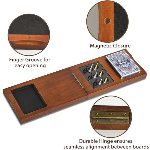ELONGDI Foldable Wooden Cribbage Board Game Set, Portable Travel 3 Track Cribbage Board with Magnetic Closure,9 Metal Pegs,A Deck of Cards - Family Board Games for Kids and Adults