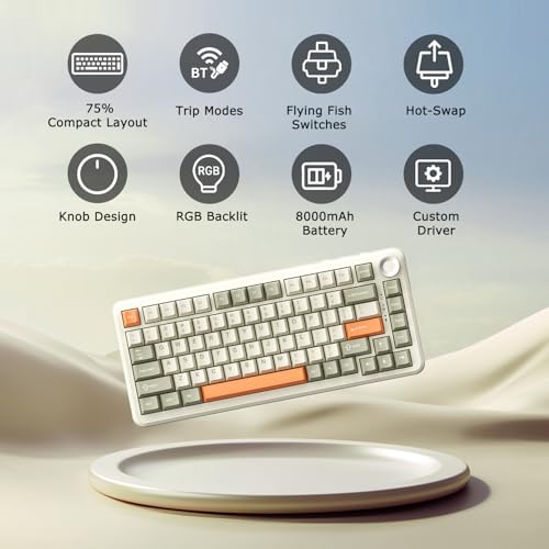 AK820 Max Tri-Mode Mechanical Keyboard, 2.4G Wireless/Bluetooth/USB-C, 75% 82Key Compact Layout, 8000mAh Battery, Hot-Swappable Gasket Mount, PBT Keycaps, RGB Backlit, Metal Knob (Fish Switch, Grey) - color: Retro