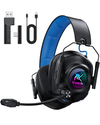 Krysenix Wireless Gaming Headset with Noise Canceling Microphone for PC, PS5, PS4, Switch, Mac, 2.4 GHz Wireless & Bluetooth 5.4 Gaming Headphones, Cool RGB Lighting, 50Hr Battery, 50mm Drivers(Blue) - color: Blue