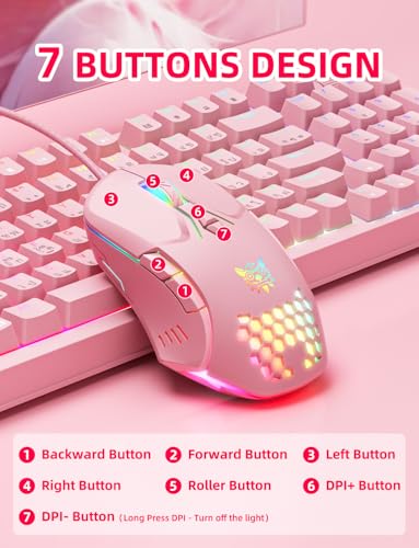 Wired PC Gaming Mouse: High Precision Sensor,RGB Backlit, Adjustable DPI, 7 Buttons Programmable,Ergonomic mice for Office & Gaming on Windows/Mac/Linux/Chrome- Pink - color: Pink