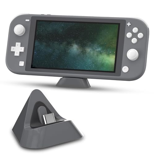 ECHZOVE Gray Charging Dock for Nintendo Switch Lite, USB Type-C Charger - Includes Nonskid Design & Portable Tabletop Mount | Compact Switch Lite charging dock supports play while charging, with a metal base and silicone padding around the USB-C port - co