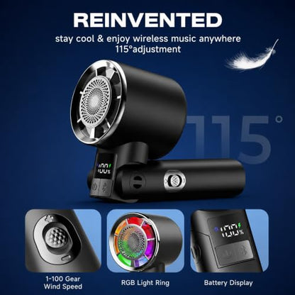 Portable Handheld Turbo Fan - Bluetooth Music Fan with LED Display 100-Speed 3000mAh Rechargeable RGB Lighting - Foldable Design 4in1 personal fan for Festivals Concerts Sports Travel & Gifts - color: Black