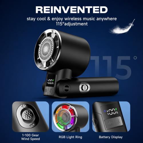 Portable Handheld Turbo Fan: 20000RPM Cooling - Bluetooth Speaker & 5000mAh | Stay Cool with Music - Foldable 4-in-1 Design - LED Display & RGB Lighting - 100 Speed Scroll Wheel - For Festivals Gifts - color: Matte Black