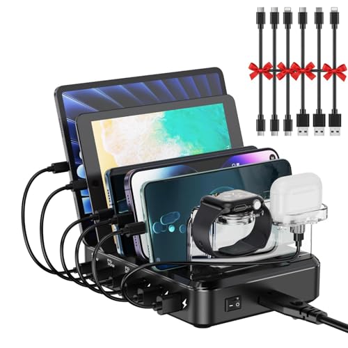 Charging Station for Multiple Devices, 110W 6 Port USB-C Fast Charger Station Dock for iPad iPhone Android Cell Phone Tablet, Family Multi-Device Organizer (6 Short Cables Included)