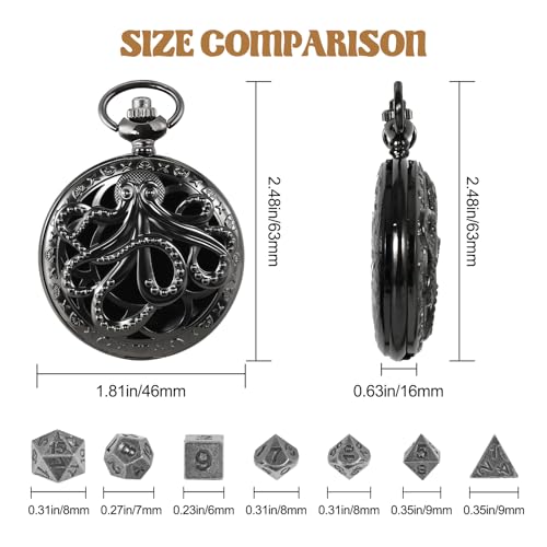 D&D Dice Set,7PCS Metal Dice for Dungeons and Dragons,Mini Dice Set with Pocket Watch Case,Role Playing Board Games Accessories (Octopus, Black) - color: Black, style: Octopus