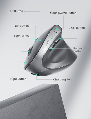 Nulea MD280 Ergonomic Vertical Wireless Mouse - Bluetooth & 2.4G Dual Mode, 4 Adjustable DPI 800/1200/1600/2400, Rechargeable, Silent Clicks, No Lag, 6 Buttons - Perfect for Laptop, Desktop Grey - color: Grey
