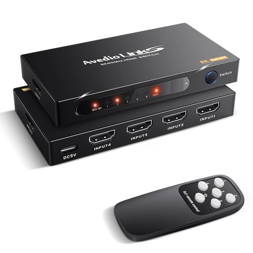 avedio links 8K HDMI2.1 Switch with Remote 5x1, 5 in 1 Out HDMI Splitter with Remote, Auto Switch HDMI Selector Box Support 4K@60Hz, HDCP2.3, HDR, 3D, for PS5, Xbox, Fire Stick, Blu-ray, HDTV